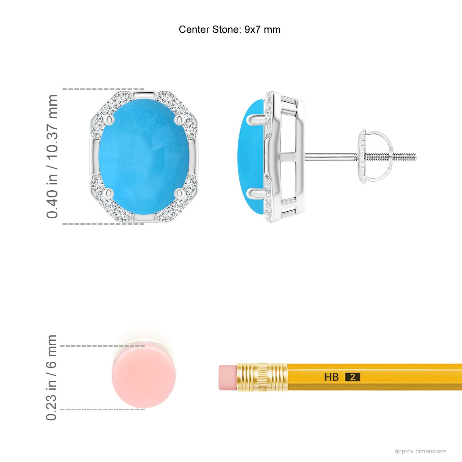 9x7mm AAA Octagon Framed Oval Turquoise Earrings with Diamonds in White Gold - ruler