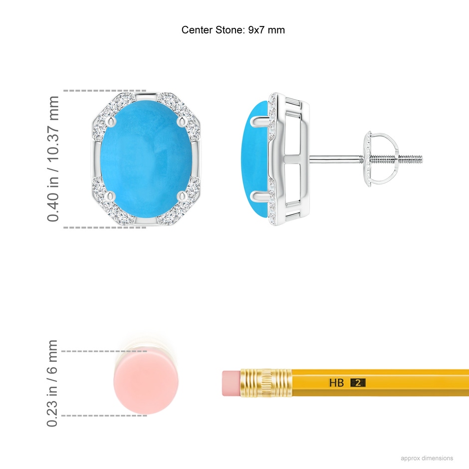 9x7mm AAA Octagon Framed Oval Turquoise Earrings with Diamonds in White Gold ruler