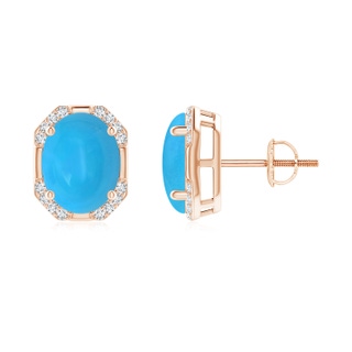 9x7mm AAAA Octagon Framed Oval Turquoise Earrings with Diamonds in Rose Gold