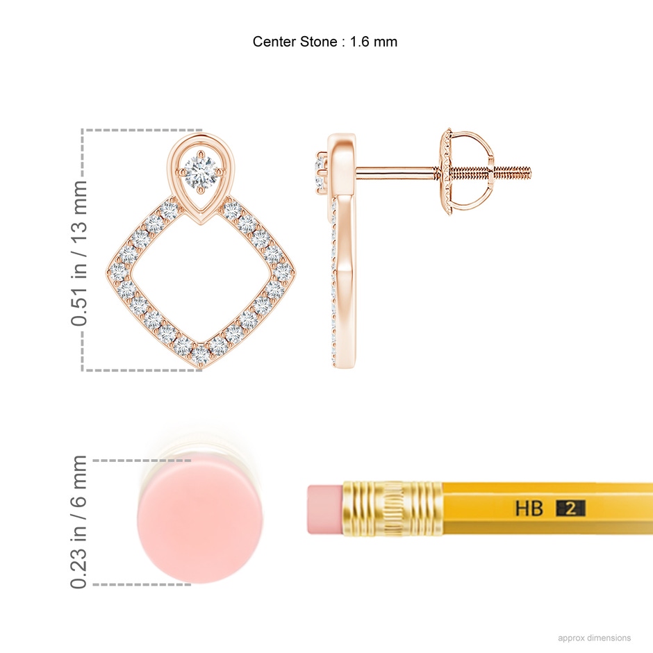 1.6mm GVS2 Rhombus Diamond Studs with Inverted Pear Motif in Rose Gold ruler