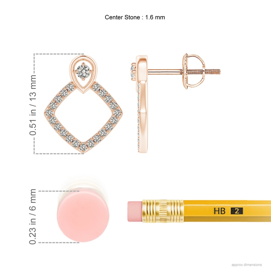 1.6mm KI3 Rhombus Diamond Studs with Inverted Pear Motif in Rose Gold ruler