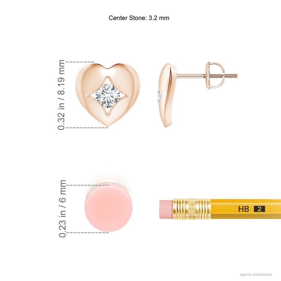 3.2mm GVS2 Channel-Set Diamond Solitaire Heart-Shaped Stud Earrings in Rose Gold ruler