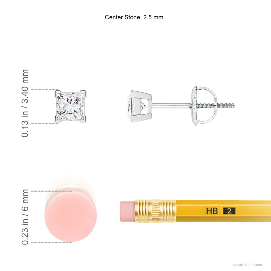 2.5mm GVS2 Princess-Cut Diamond Solitaire Stud Earrings in P950 Platinum ruler