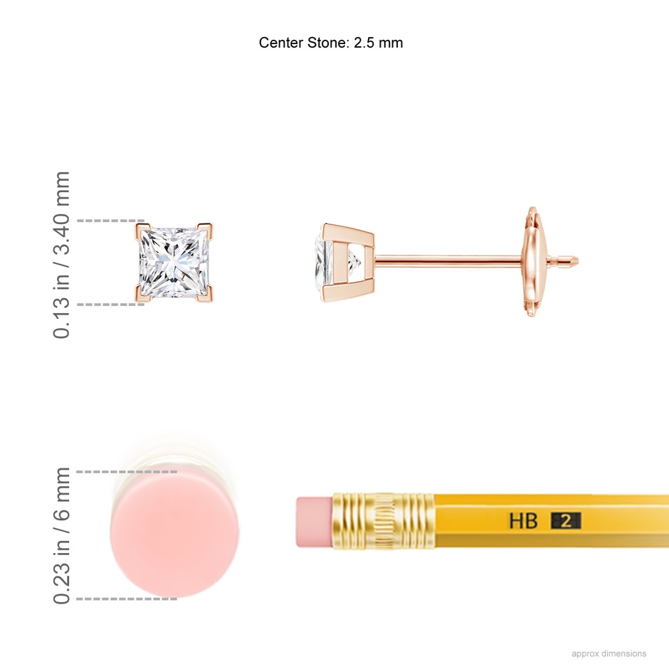 2.5mm GVS2 Princess-Cut Diamond Solitaire Stud Earrings in Rose Gold ruler