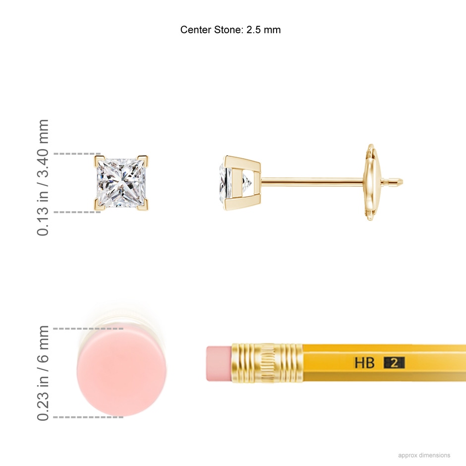 2.5mm IJI1I2 Princess-Cut Diamond Solitaire Stud Earrings in 9K Yellow Gold ruler