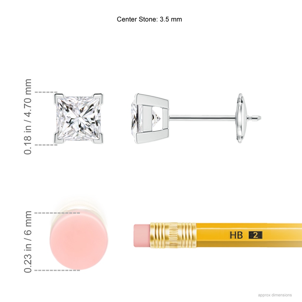 3.5mm HSI2 Princess-Cut Diamond Solitaire Stud Earrings in White Gold ruler