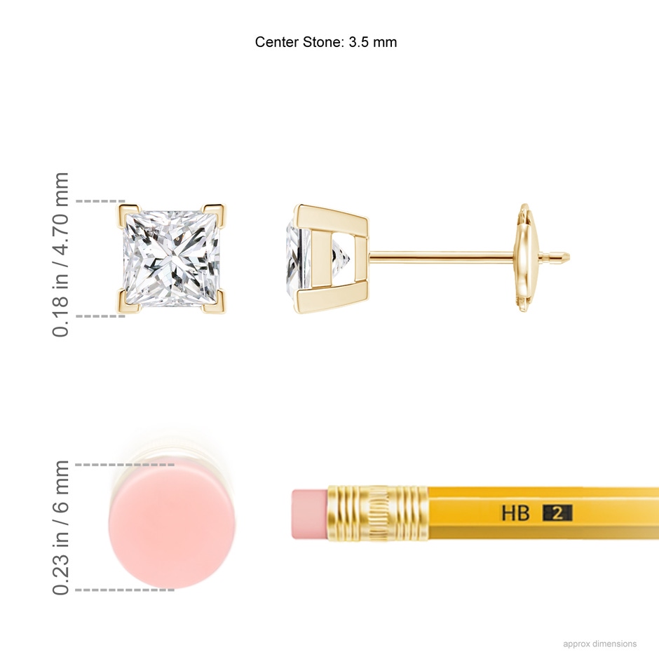 3.5mm HSI2 Princess-Cut Diamond Solitaire Stud Earrings in Yellow Gold ruler