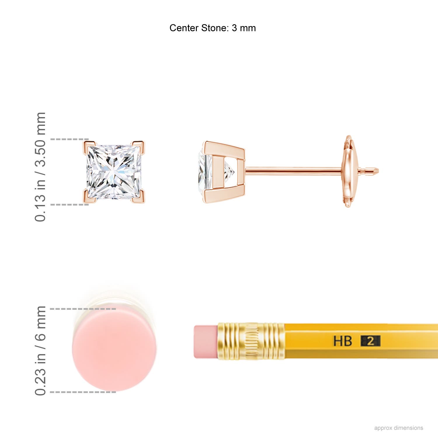 3mm GVS2 Princess-Cut Diamond Solitaire Stud Earrings in Rose Gold - ruler
