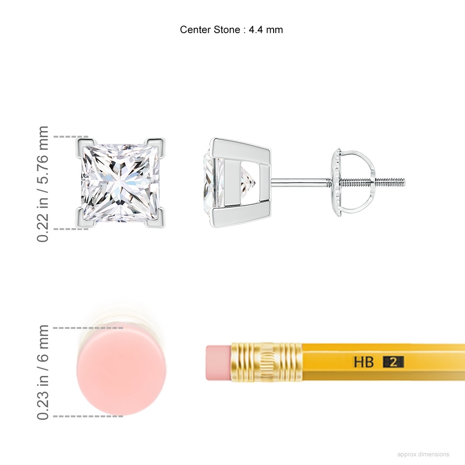 4.4mm GVS2 Princess-Cut Diamond Solitaire Stud Earrings in P950 Platinum ruler