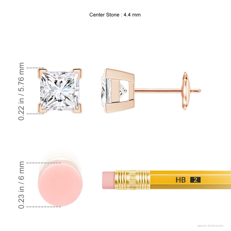 4.4mm GVS2 Princess-Cut Diamond Solitaire Stud Earrings in Rose Gold ruler