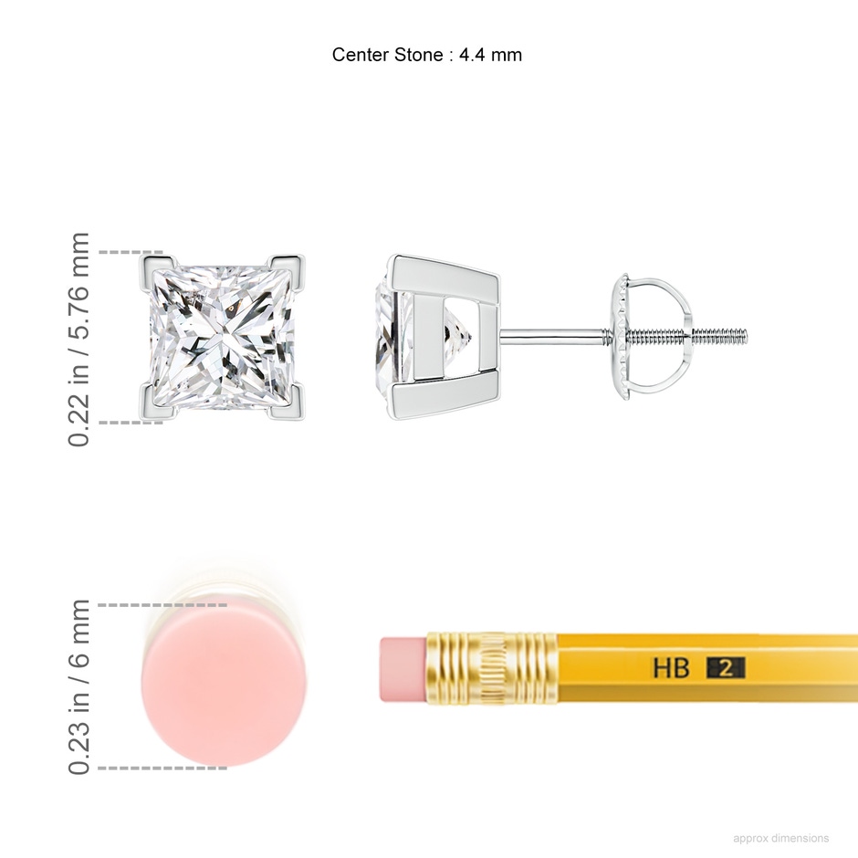 4.4mm HSI2 Princess-Cut Diamond Solitaire Stud Earrings in P950 Platinum ruler