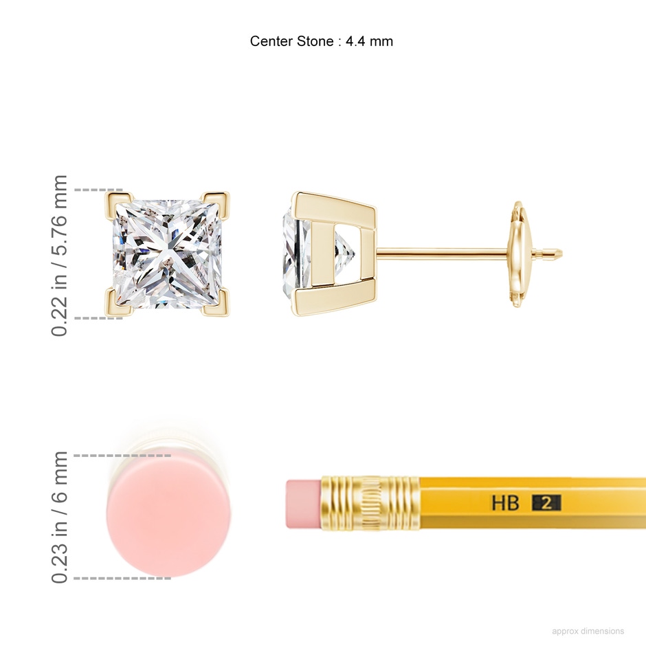 4.4mm IJI1I2 Princess-Cut Diamond Solitaire Stud Earrings in Yellow Gold ruler