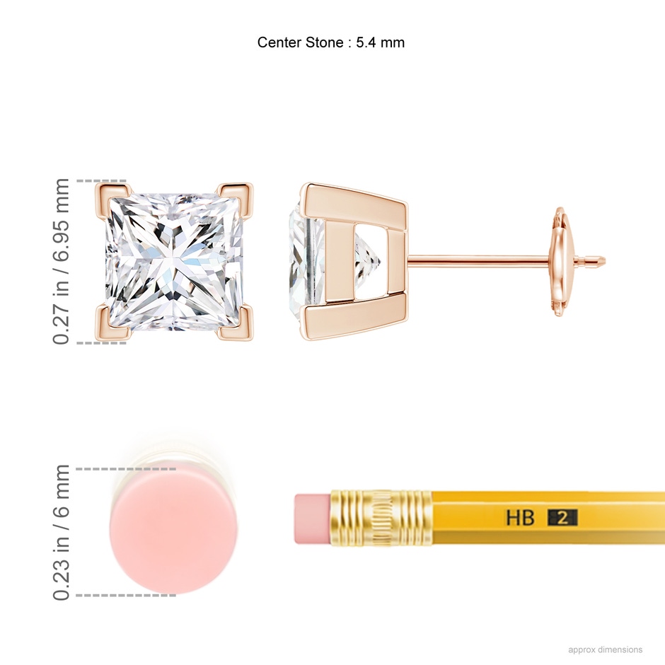5.4mm GVS2 Princess-Cut Diamond Solitaire Stud Earrings in Rose Gold ruler