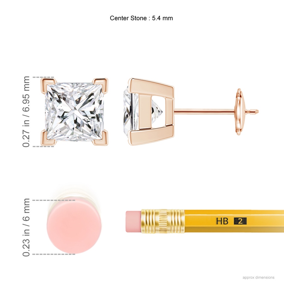 5.4mm HSI2 Princess-Cut Diamond Solitaire Stud Earrings in Rose Gold ruler