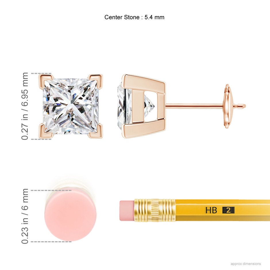 5.4mm IJI1I2 Princess-Cut Diamond Solitaire Stud Earrings in Rose Gold ruler