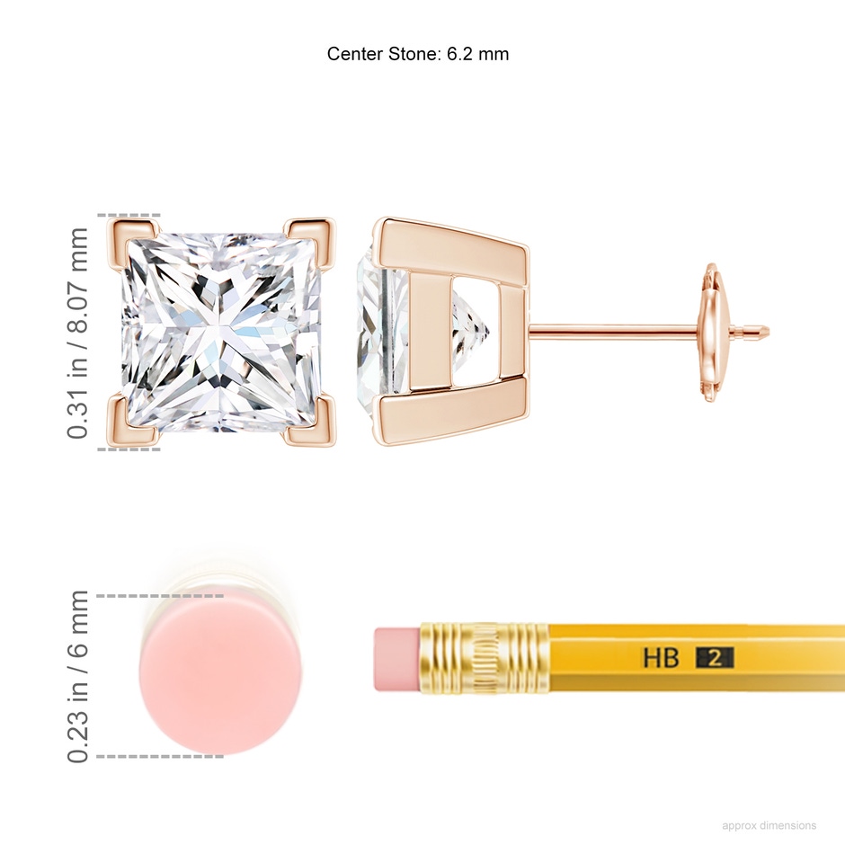 6.2mm GVS2 Princess-Cut Diamond Solitaire Stud Earrings in Rose Gold ruler