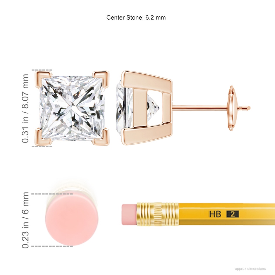 6.2mm HSI2 Princess-Cut Diamond Solitaire Stud Earrings in Rose Gold ruler