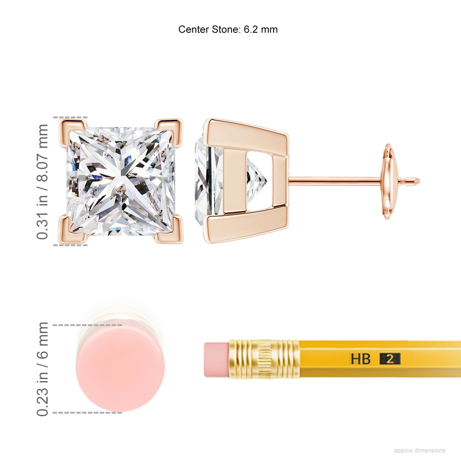 6.2mm IJI1I2 Princess-Cut Diamond Solitaire Stud Earrings in Rose Gold ruler
