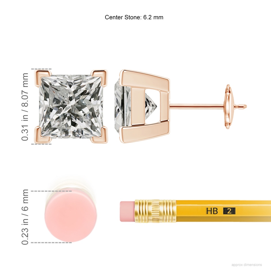 6.2mm KI3 Princess-Cut Diamond Solitaire Stud Earrings in Rose Gold ruler