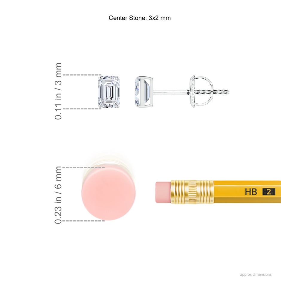 3x2mm HSI2 Emerald-Cut Diamond Solitaire Stud Earrings in P950 Platinum ruler