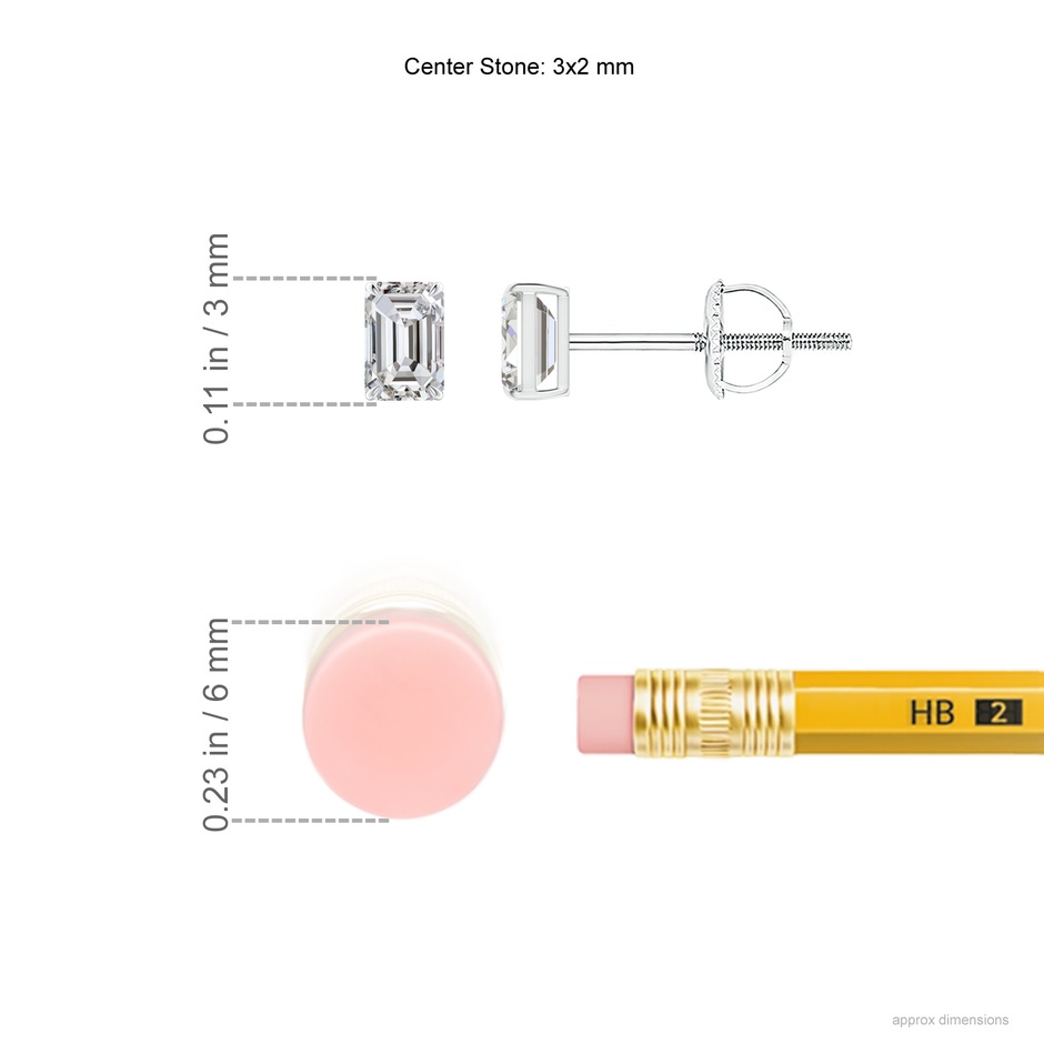 3x2mm IJI1I2 Emerald-Cut Diamond Solitaire Stud Earrings in White Gold ruler