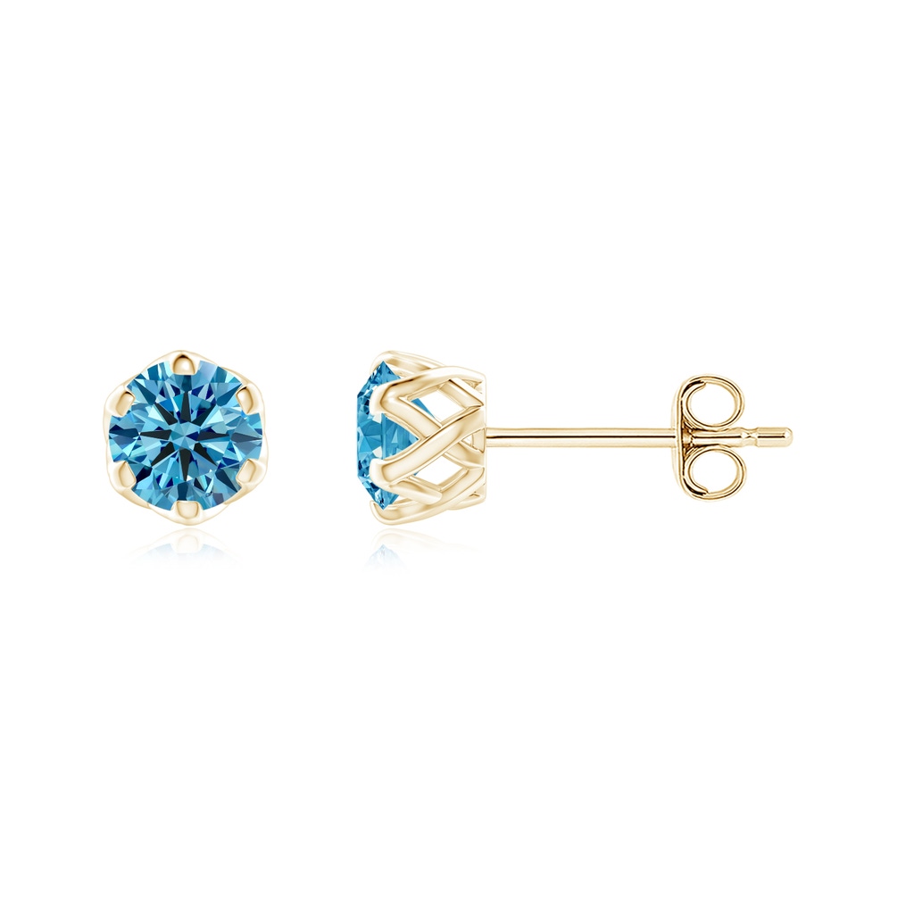 4.1mm AAAA Six Prong-Set Fancy Intense Blue Diamond Solitaire Filigree Stud Earrings in Yellow Gold