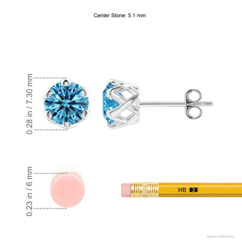 5.1mm AAAA Six Prong-Set Fancy Intense Blue Diamond Solitaire Filigree Stud Earrings in 18K White Gold ruler