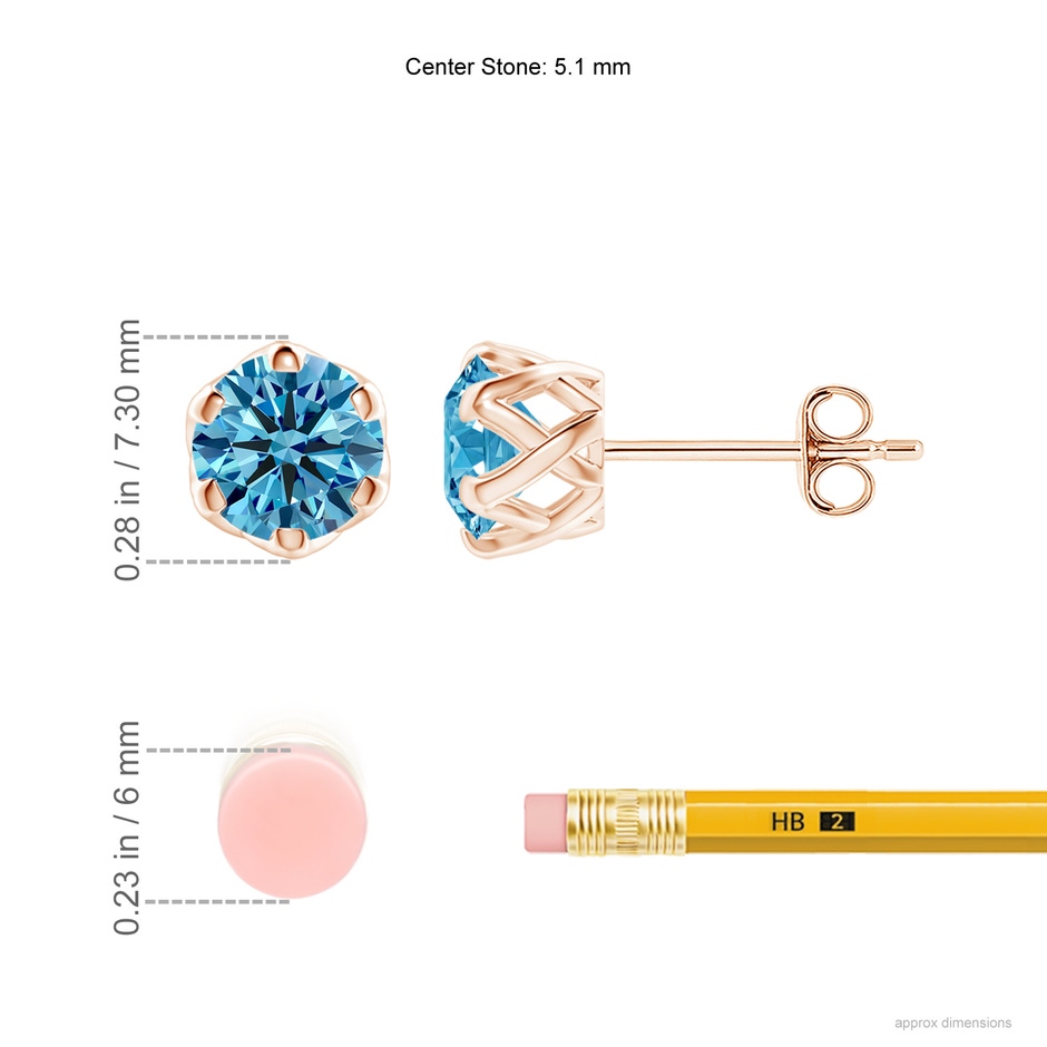 5.1mm AAAA Six Prong-Set Fancy Intense Blue Diamond Solitaire Filigree Stud Earrings in Rose Gold ruler