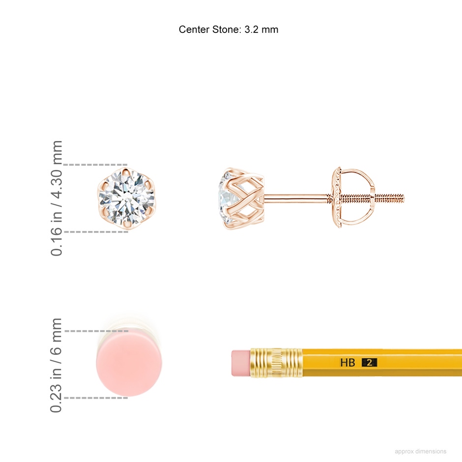 3.2mm GVS2 Six Prong-Set Diamond Solitaire Filigree Stud Earrings in Rose Gold ruler