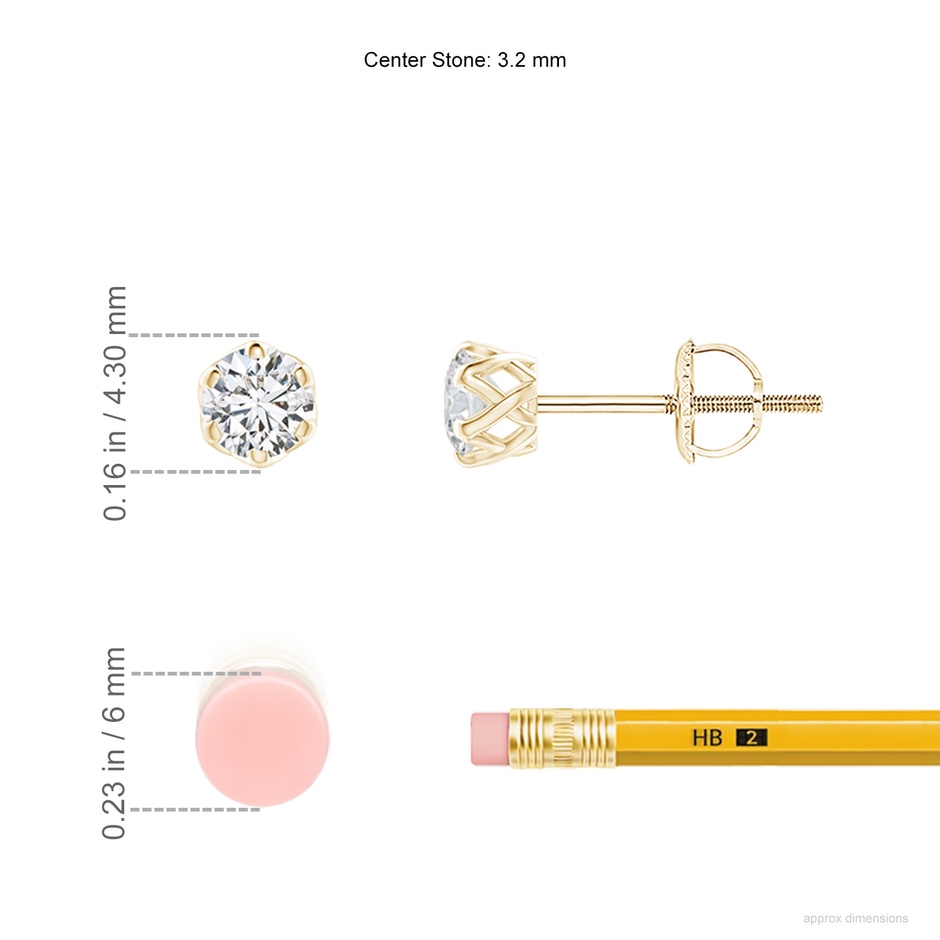3.2mm HSI2 Six Prong-Set Diamond Solitaire Filigree Stud Earrings in Yellow Gold ruler