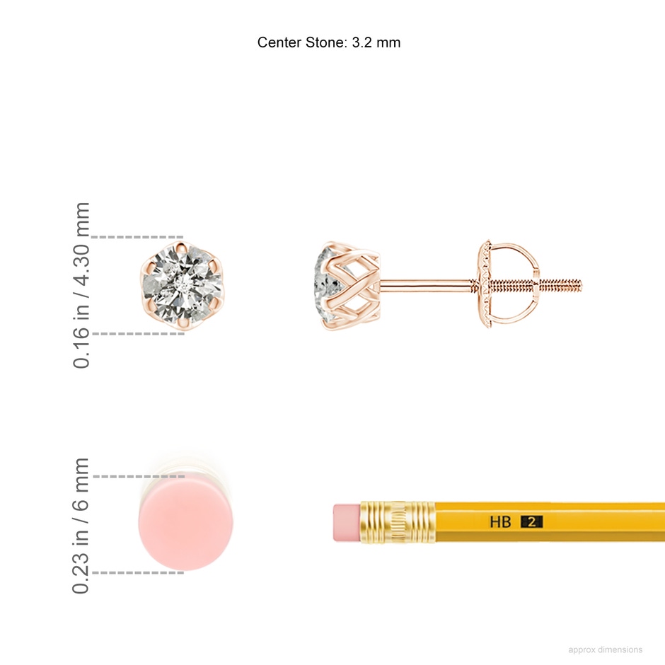 3.2mm KI3 Six Prong-Set Diamond Solitaire Filigree Stud Earrings in Rose Gold ruler