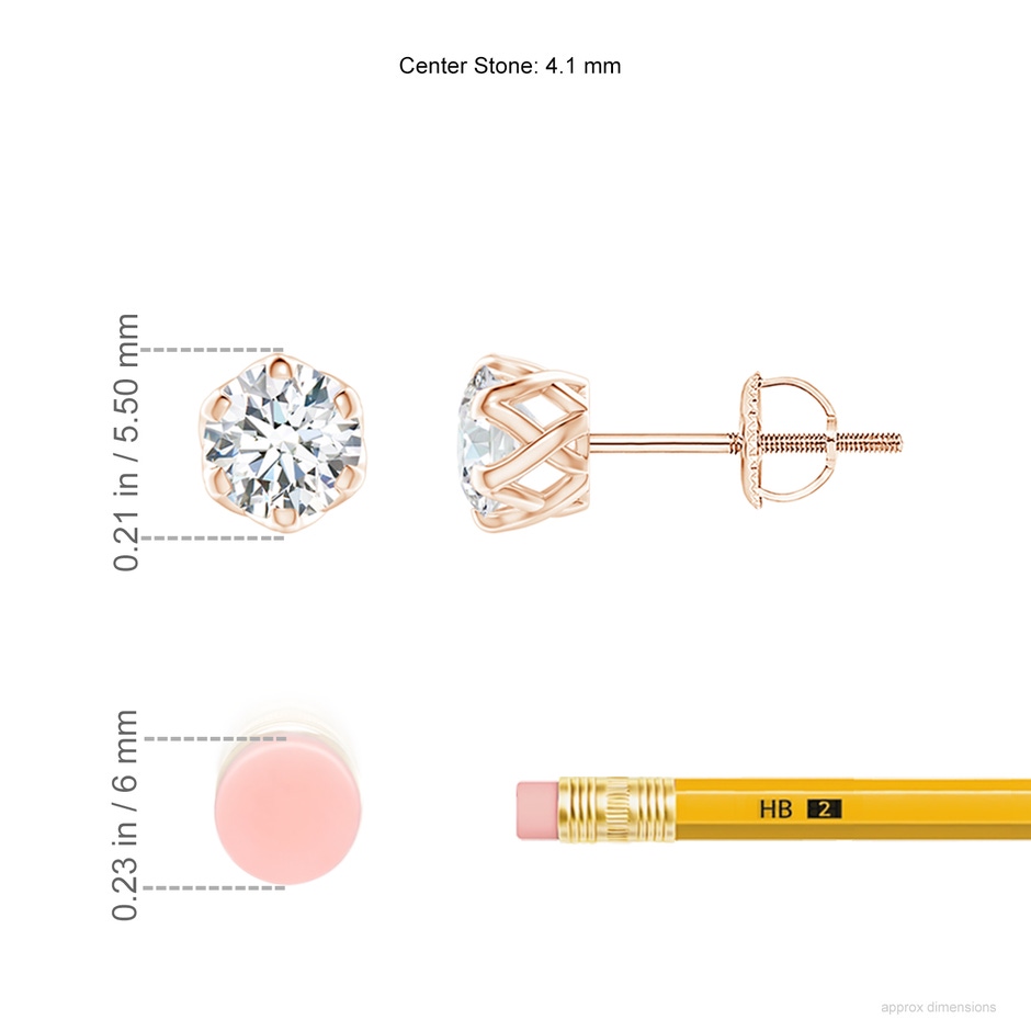 4.1mm GVS2 Six Prong-Set Diamond Solitaire Filigree Stud Earrings in Rose Gold ruler
