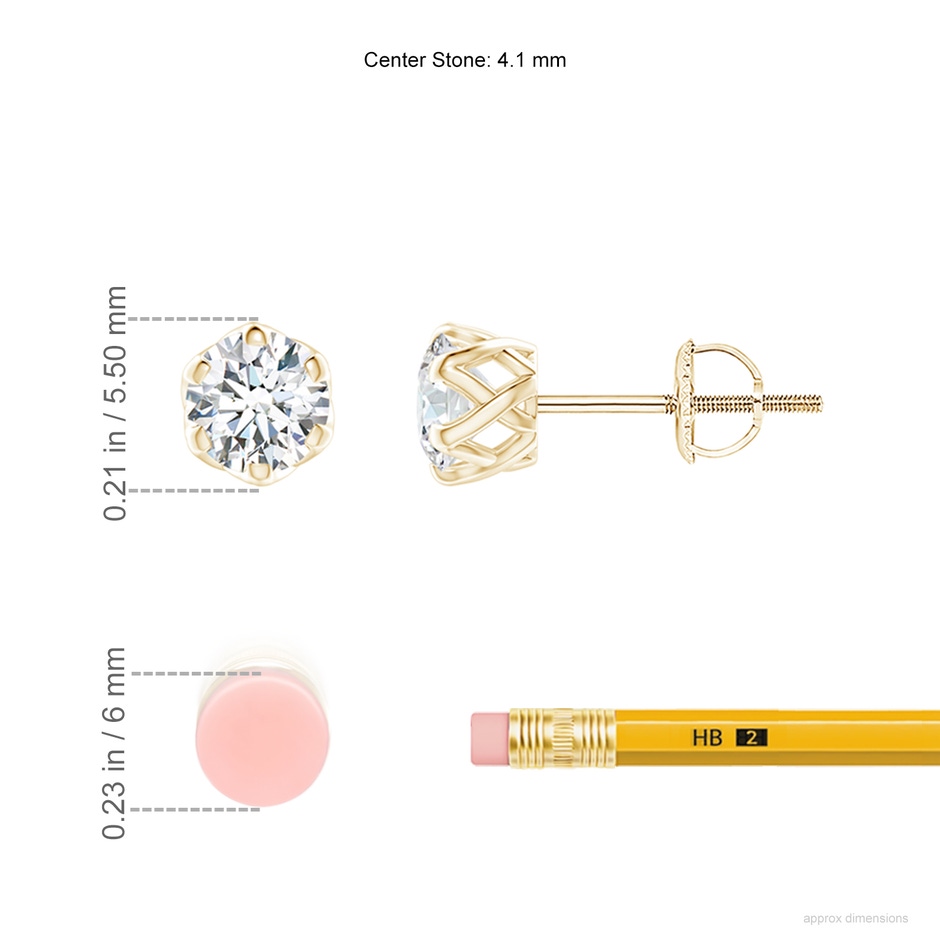 4.1mm GVS2 Six Prong-Set Diamond Solitaire Filigree Stud Earrings in Yellow Gold ruler