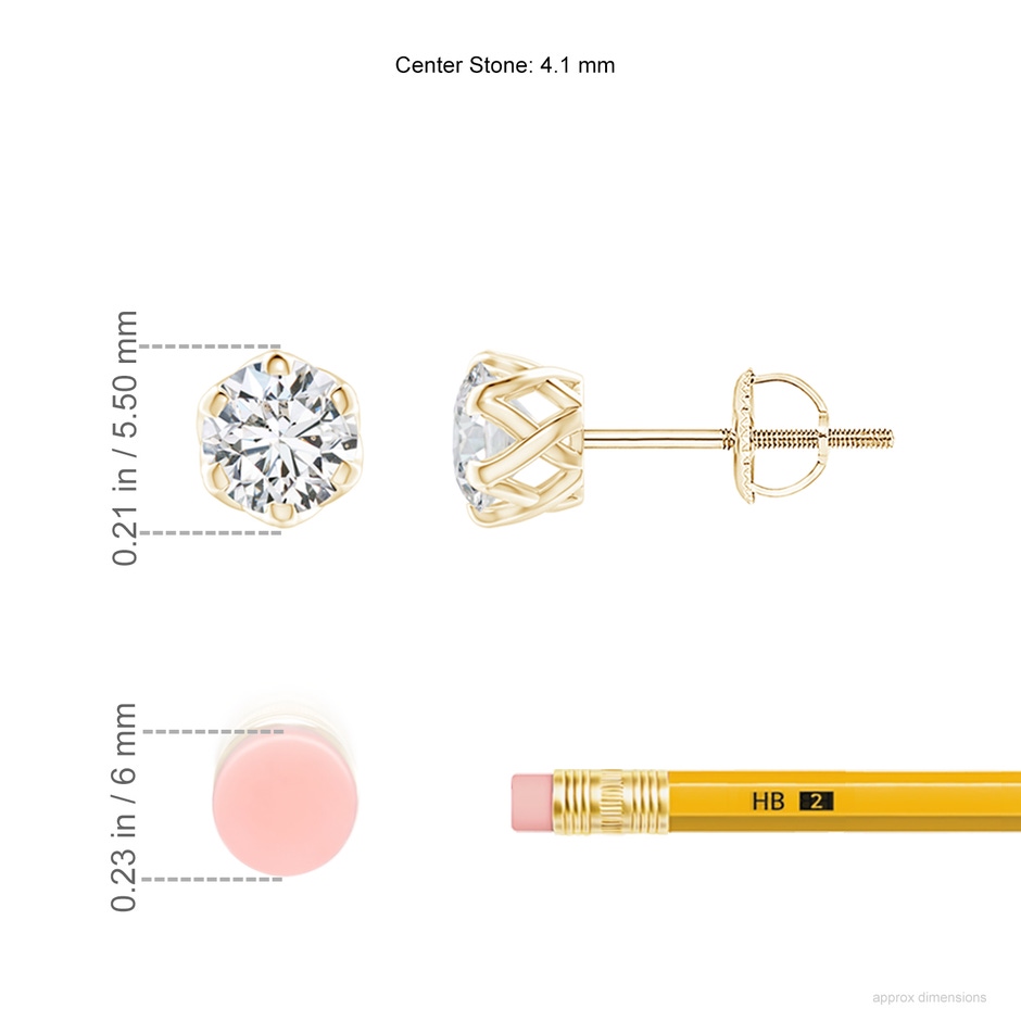 4.1mm HSI2 Six Prong-Set Diamond Solitaire Filigree Stud Earrings in Yellow Gold ruler