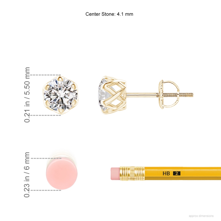 4.1mm IJI1I2 Six Prong-Set Diamond Solitaire Filigree Stud Earrings in Yellow Gold ruler