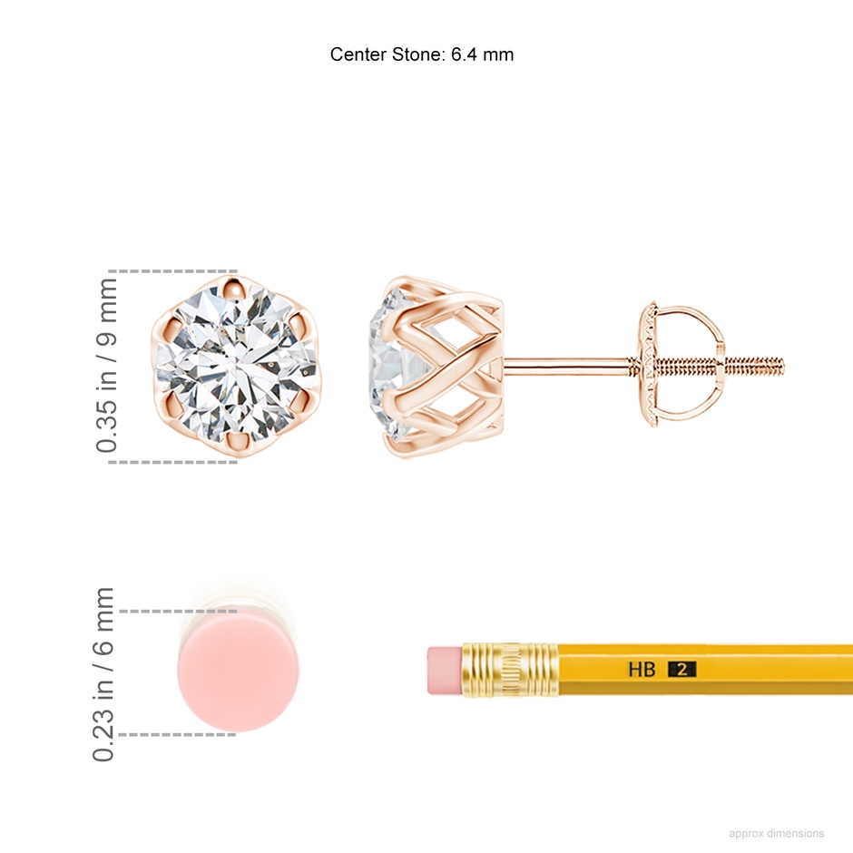 6.4mm HSI2 Six Prong-Set Diamond Solitaire Filigree Stud Earrings in Rose Gold ruler