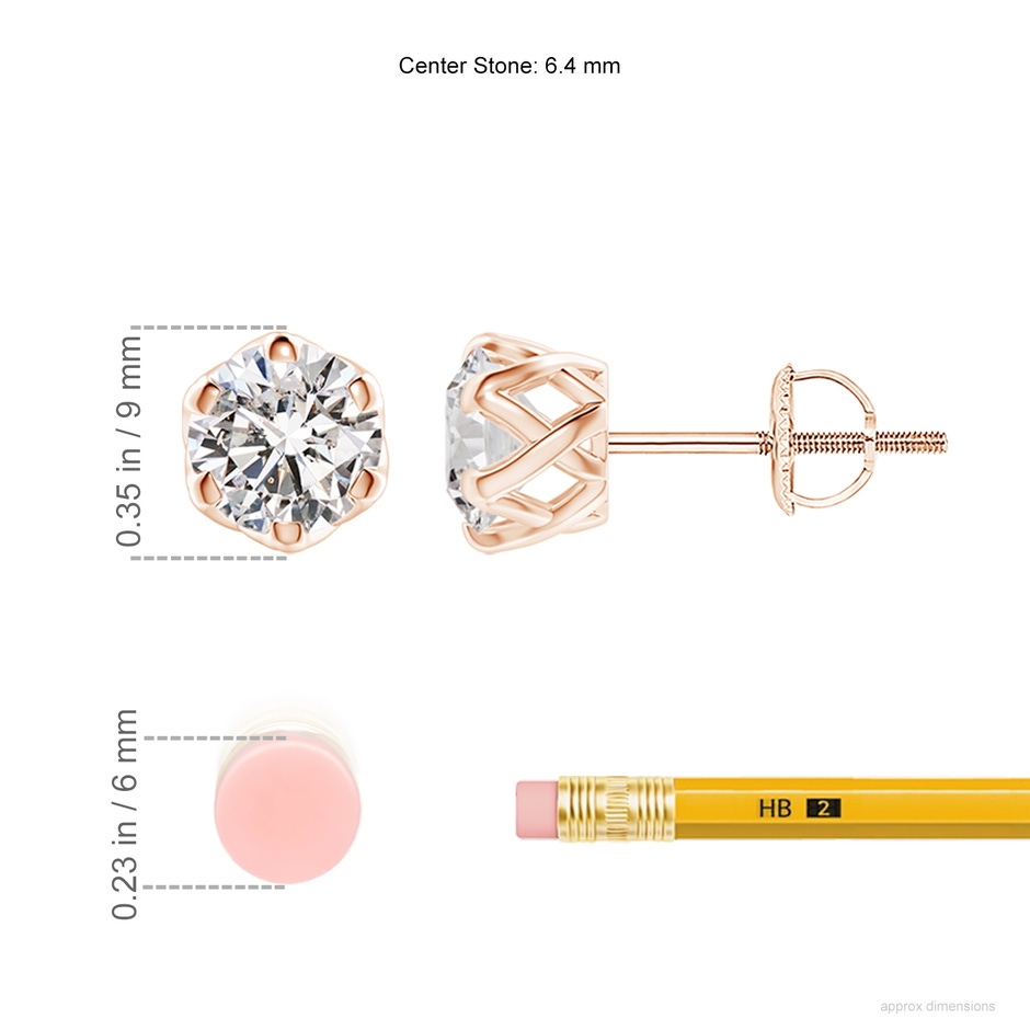 6.4mm IJI1I2 Six Prong-Set Diamond Solitaire Filigree Stud Earrings in Rose Gold ruler