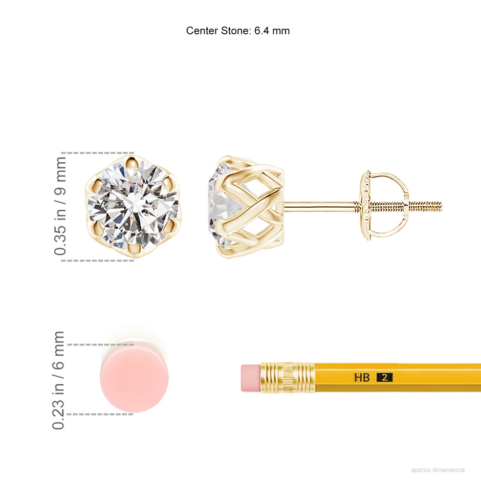 6.4mm IJI1I2 Six Prong-Set Diamond Solitaire Filigree Stud Earrings in Yellow Gold ruler