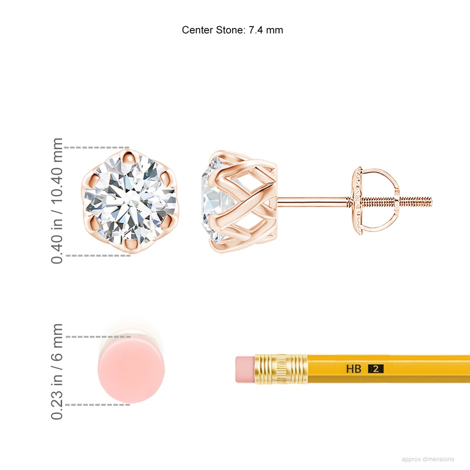7.4mm GVS2 Six Prong-Set Diamond Solitaire Filigree Stud Earrings in Rose Gold ruler