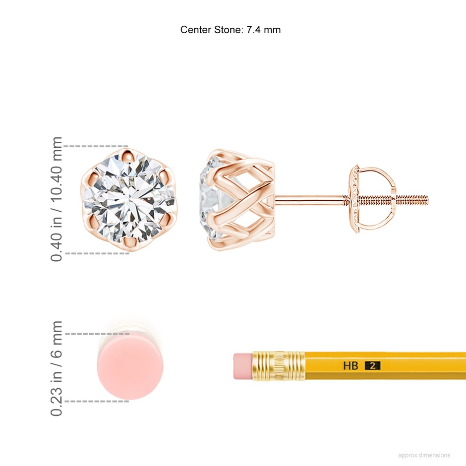 7.4mm HSI2 Six Prong-Set Diamond Solitaire Filigree Stud Earrings in Rose Gold ruler