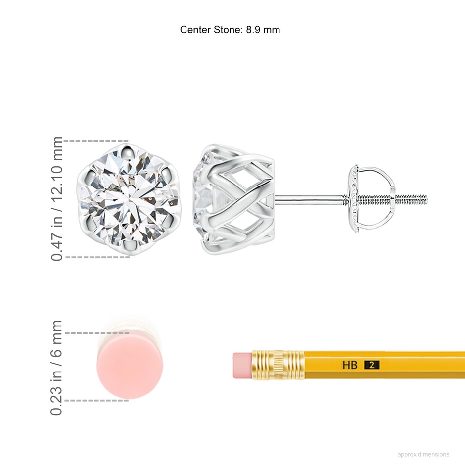8.9mm HSI2 Six Prong-Set Diamond Solitaire Filigree Stud Earrings in P950 Platinum ruler