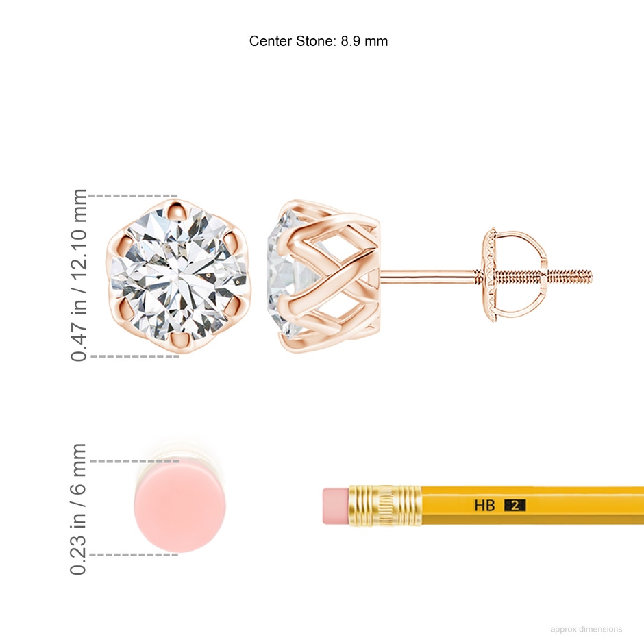 8.9mm HSI2 Six Prong-Set Diamond Solitaire Filigree Stud Earrings in Rose Gold ruler