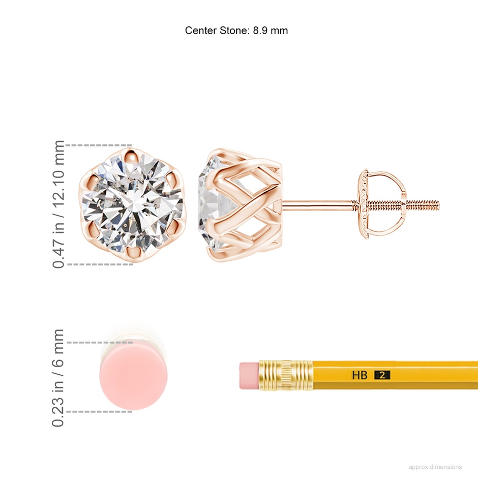 8.9mm IJI1I2 Six Prong-Set Diamond Solitaire Filigree Stud Earrings in Rose Gold ruler
