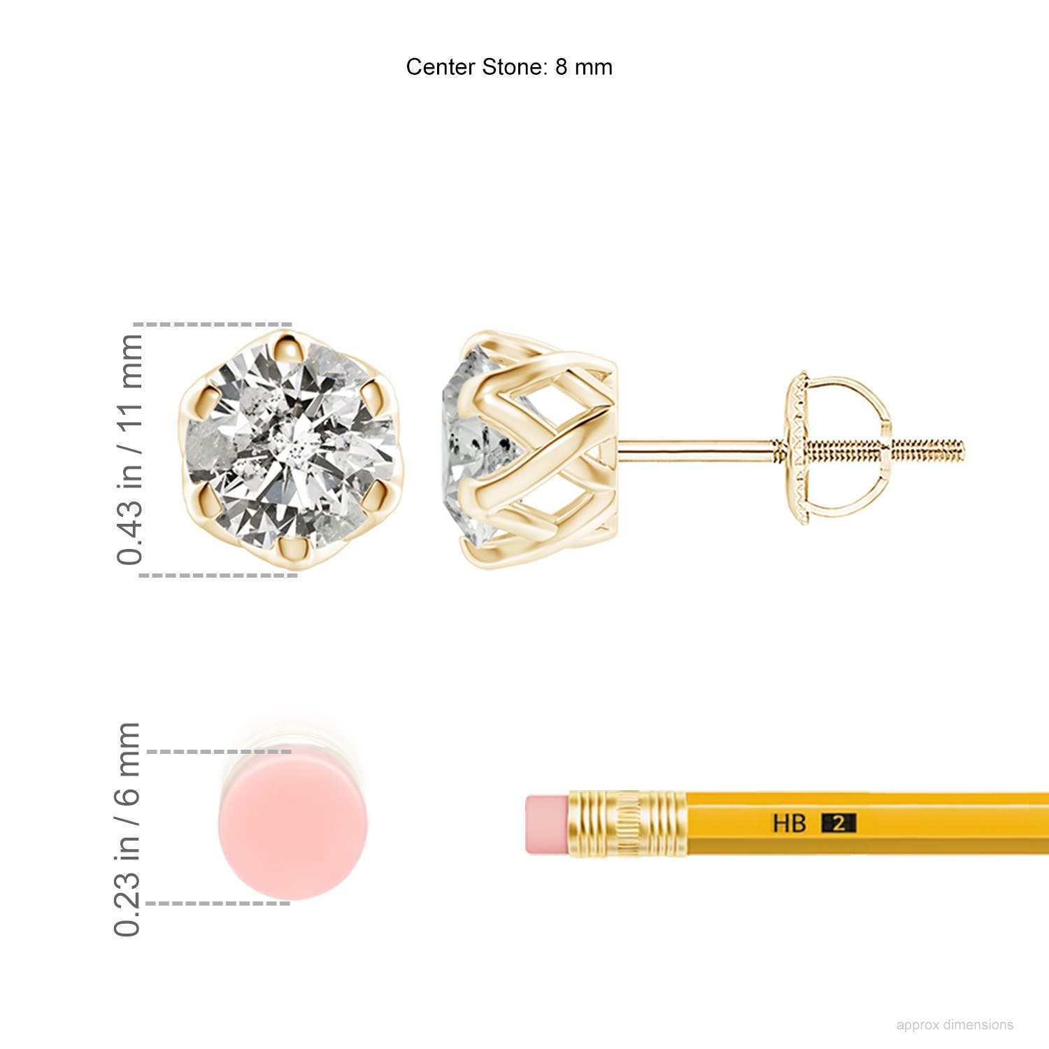 8mm KI3 Six Prong-Set Diamond Solitaire Filigree Stud Earrings in Yellow Gold - ruler