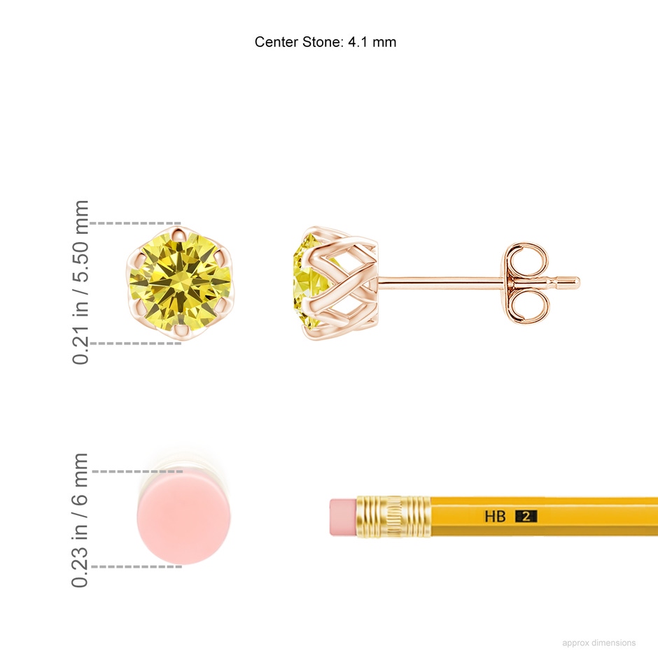 4.1mm AAAA Six Prong-Set Fancy Intense Yellow Diamond Solitaire Filigree Stud Earrings in Rose Gold ruler