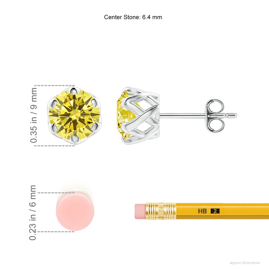 6.4mm AAAA Six Prong-Set Fancy Intense Yellow Diamond Solitaire Filigree Stud Earrings in White Gold ruler