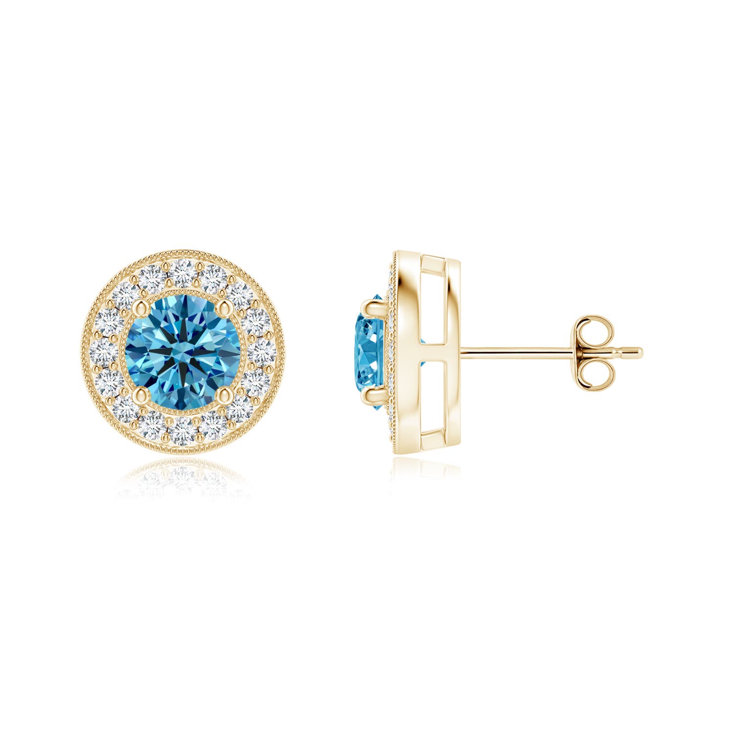 Angara 0.99 CTW Solitaire Round Fancy Intense Blue Diamond Halo Stud Earrings in 18K Yellow Gold