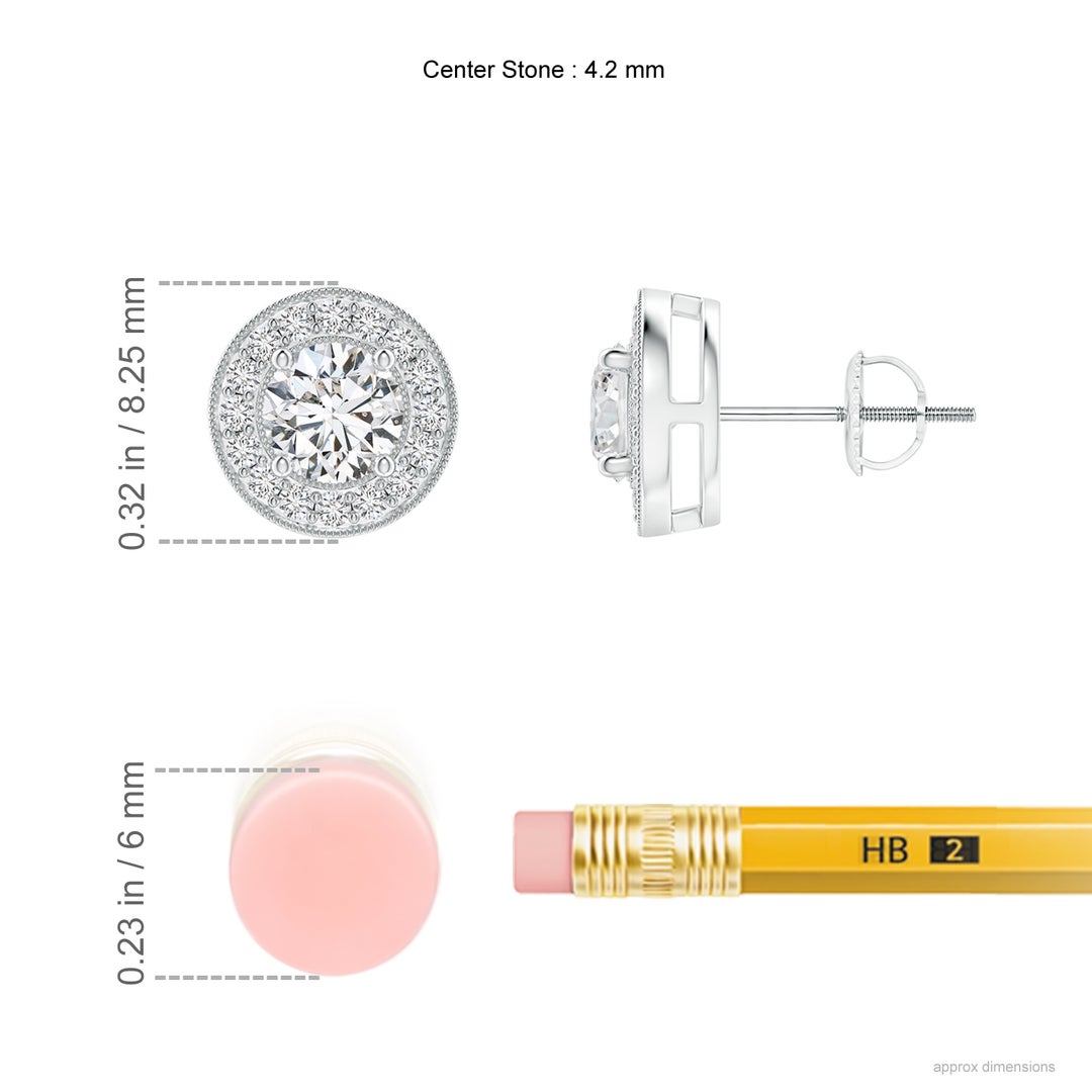 4.2mm HSI2 Solitaire Round Diamond Halo Stud Earrings in White Gold - ruler
