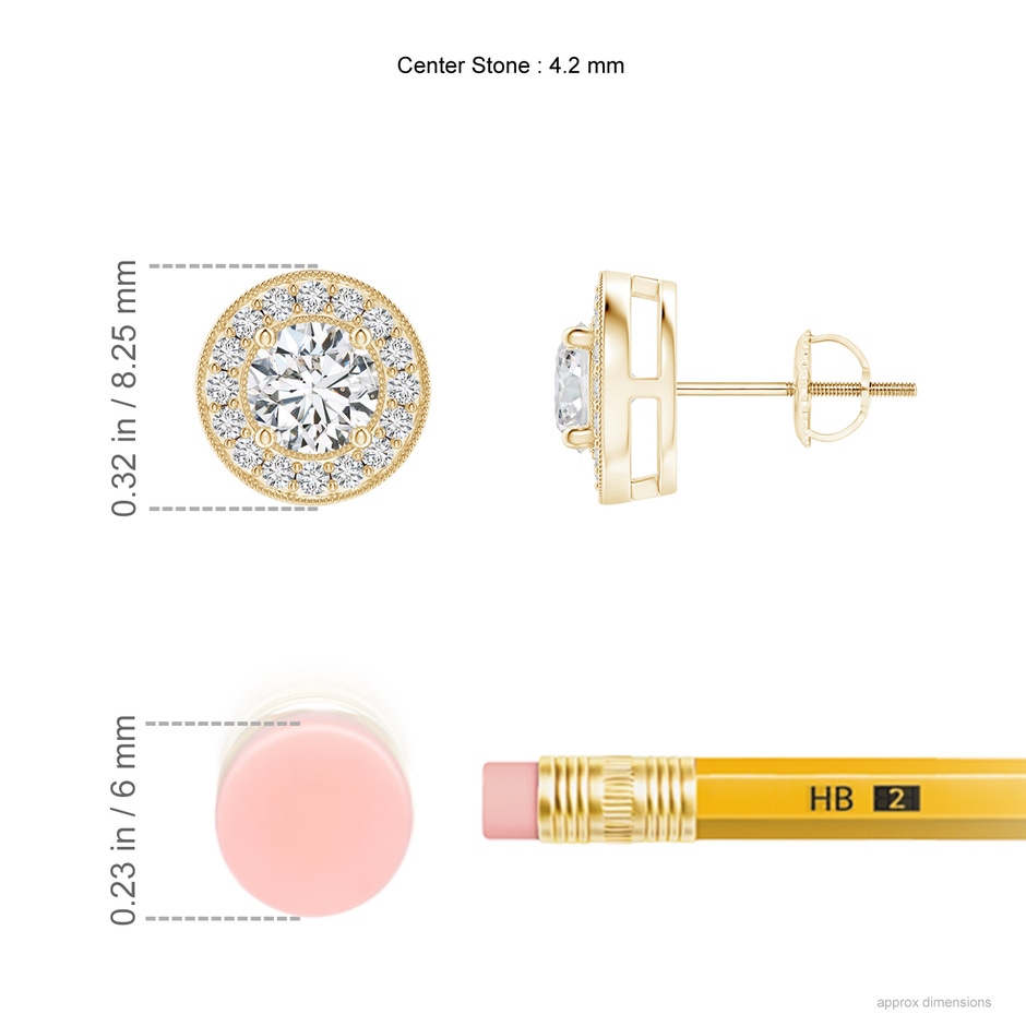 4.2mm HSI2 Solitaire Round Diamond Halo Stud Earrings in Yellow Gold ruler