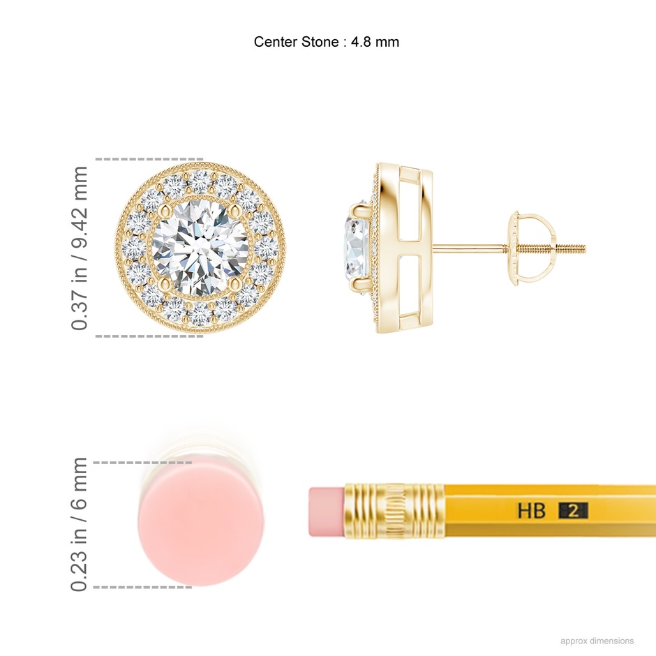 4.8mm GVS2 Solitaire Round Diamond Halo Stud Earrings in Yellow Gold ruler